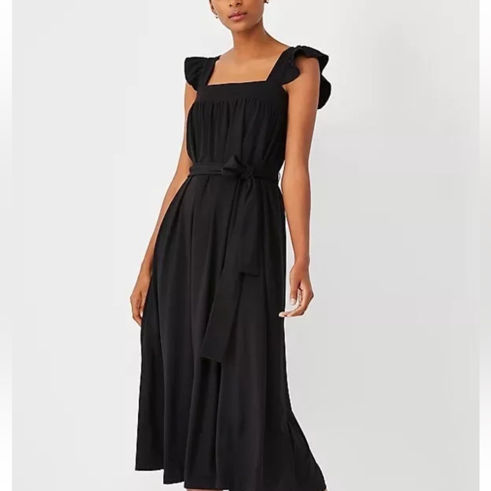 Ann Taylor Black Midi Dress with Tie Waist